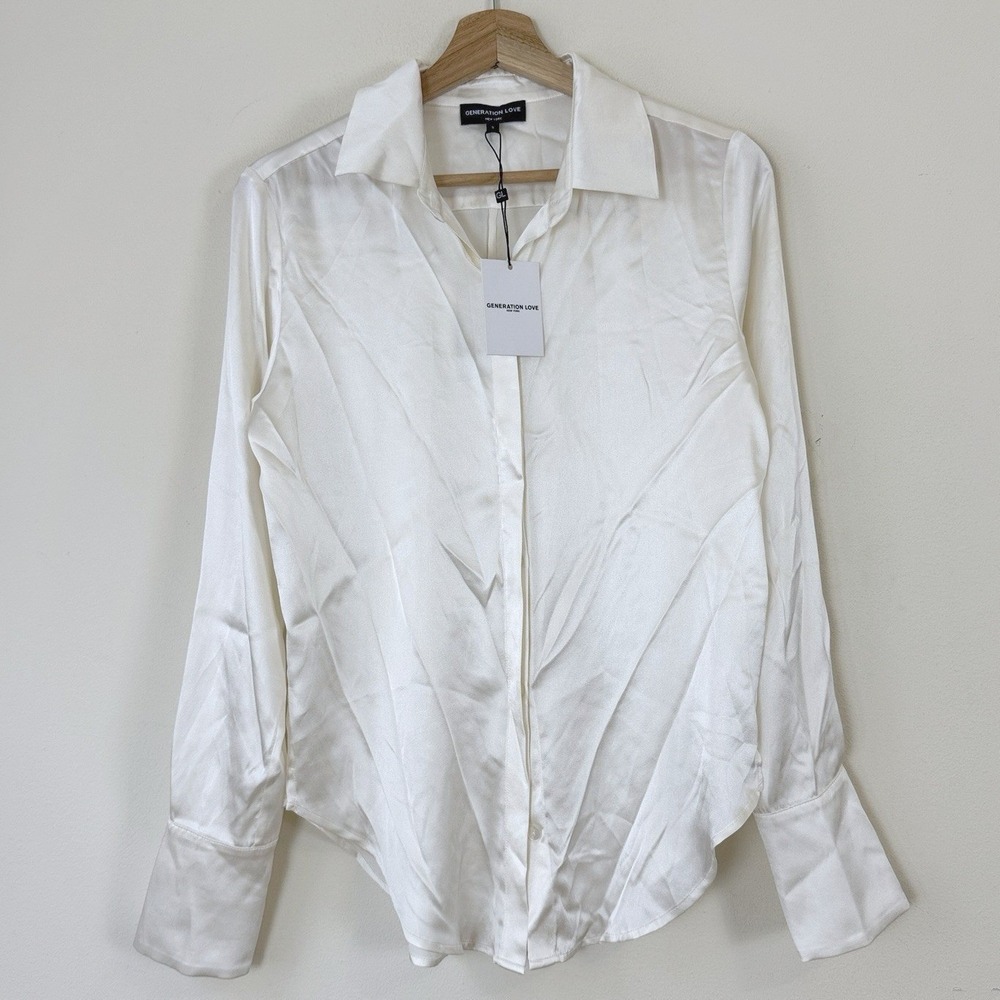 Generation Love Silk Collared Button Up Cream White Blouse Shirt NWT - Small